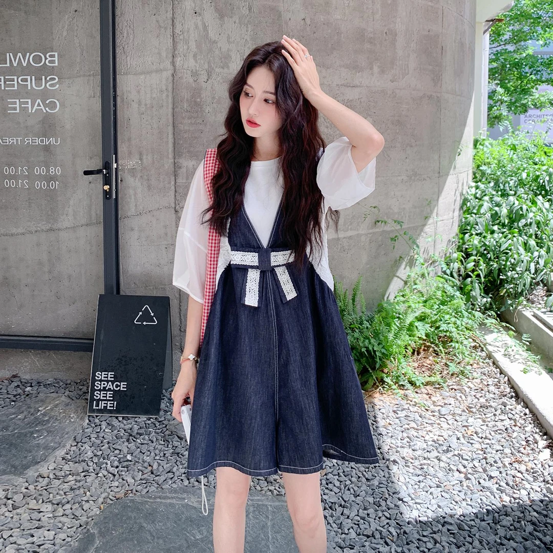 甜美牛仔背带短裤时尚套装女夏新款小个子学生减龄宽松上衣两件套