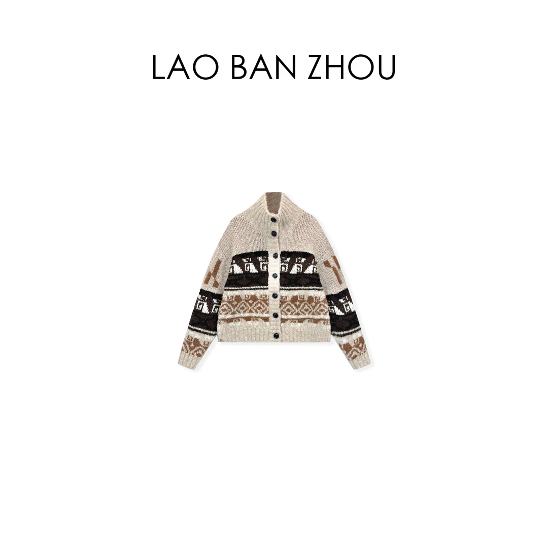【老板周】复古慵懒 新款复古立领单排扣厚实开衫毛衣