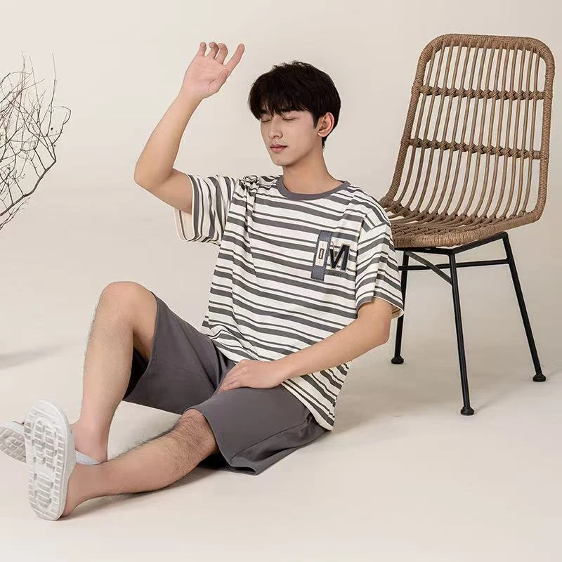 男生夏天凉爽棉透气潮流可外穿睡衣套装条纹薄款韩版圆领