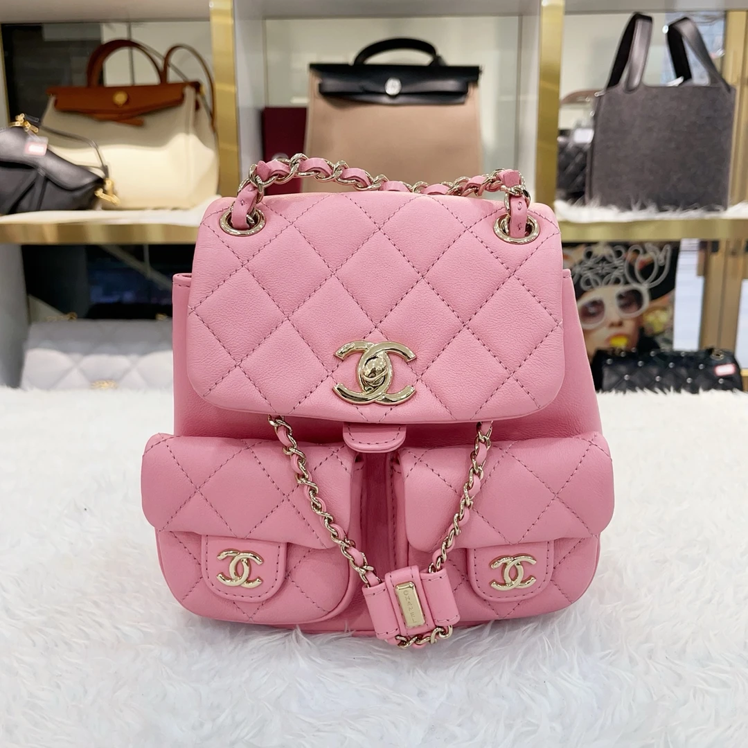 99新 Chanel/香奈儿 23A粉色牛皮Duma青蛙双肩包小号 金扣 芯片款