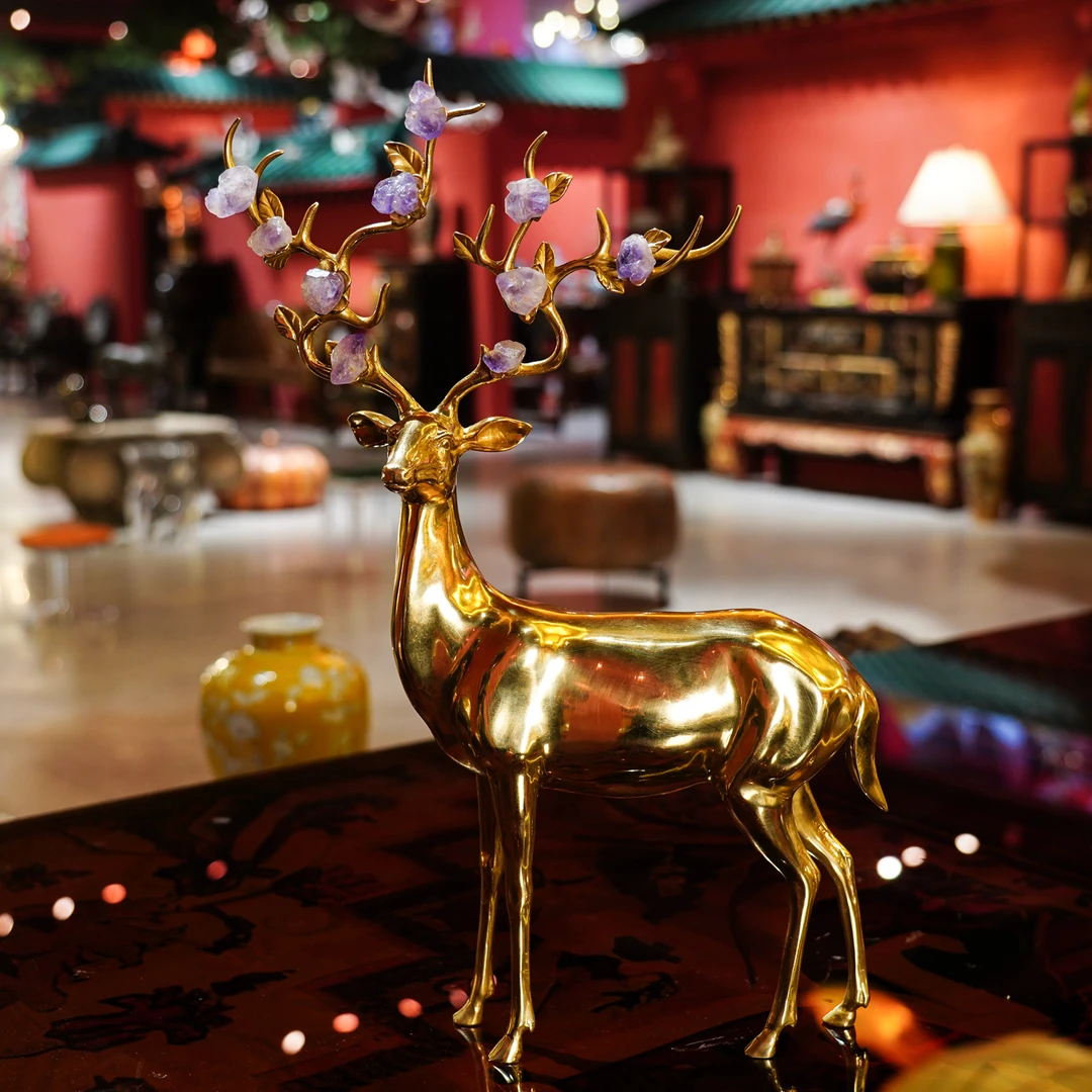 GY139现代轻奢水晶铜鹿摆设客厅卧室书房玄关装饰摆件