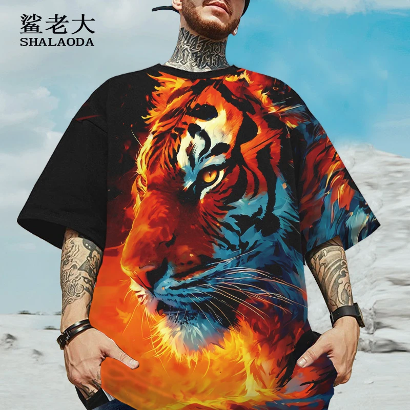 落肩短袖T恤男ins国潮老虎印花夏季薄款半截袖oversize休闲体恤衫