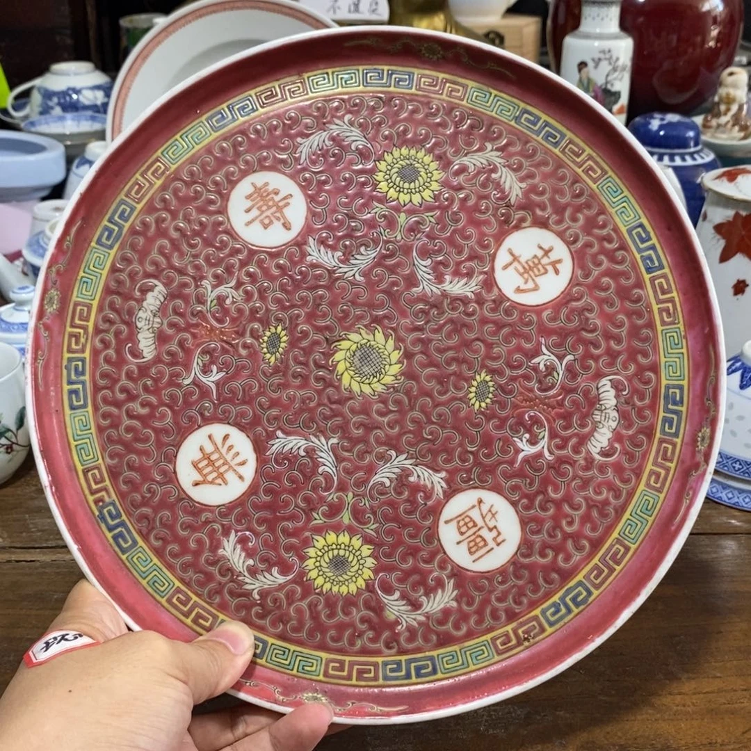摆件手工胎草帽款红万寿茶盘一支