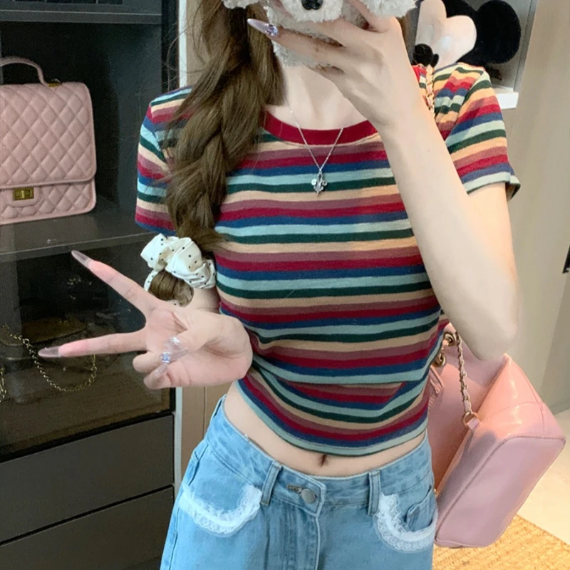 撞色条纹短袖T恤女春夏新款小个子甜酷百搭洋气上衣短款拼色时尚