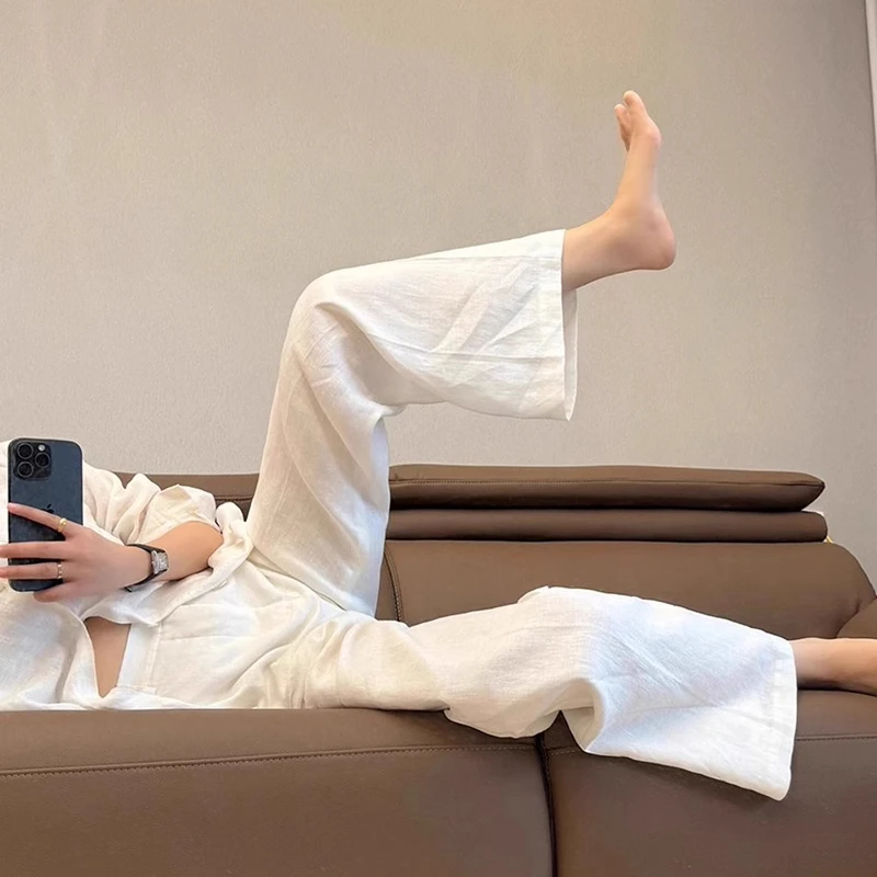 矮小个子白色高级感纽扣直筒裤女夏季慵懒风休闲阔腿裤显瘦西装裤