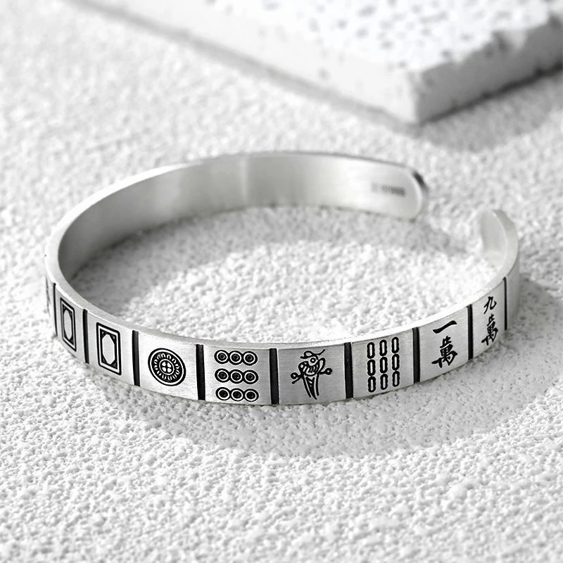 足银手镯十三幺纯银麻将手镯实心足银手镯女潮流手环 WSZ-31