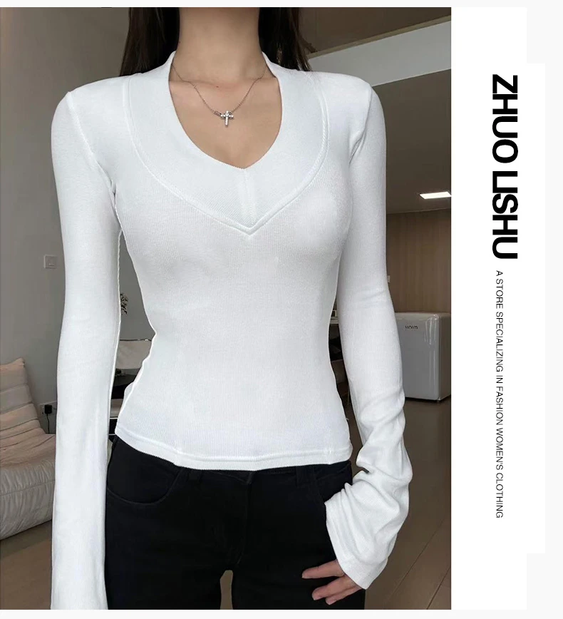 秋冬新款高级感精致法式性感V领长袖T恤打底衫女紧身显瘦辣妹上衣