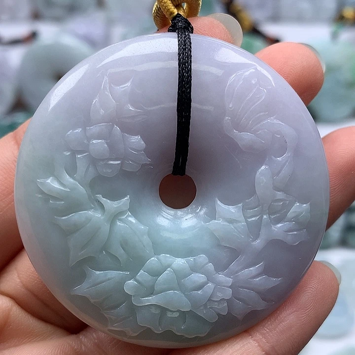 翡翠未镶嵌颈饰花开富贵平安扣两面工艺福利