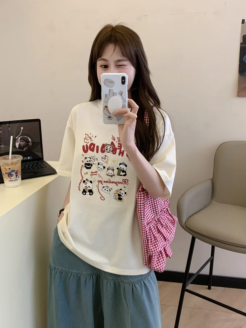 短袖刺绣字母重工刺绣小熊猫T恤圆领百搭夏装宫廷风