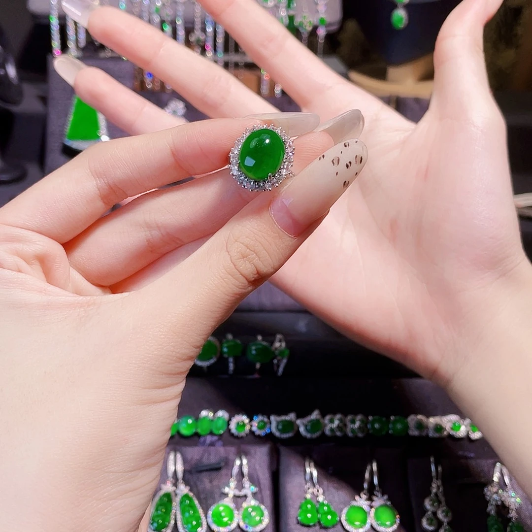 艺***制翡翠银S925镶嵌戒指蛋面