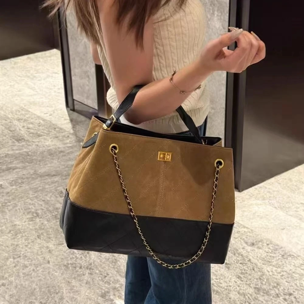 秋季大容量拼色麂皮绒链条单肩包2025新款复古百搭菱格通勤腋下包