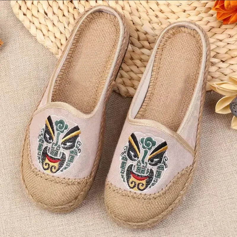 意迪森包头半拖厚底夏季外穿民族风老北京布鞋女中式户外拖鞋