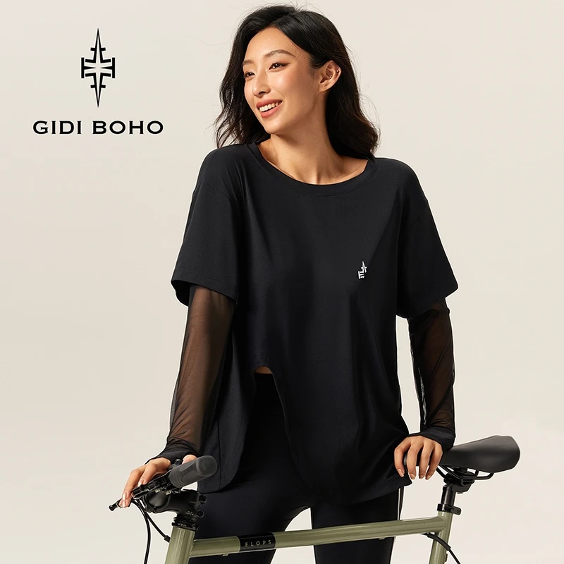 GIDI BOHO/极地薄荷秋季新款时尚宽松长袖简约透气网纱运动T恤女