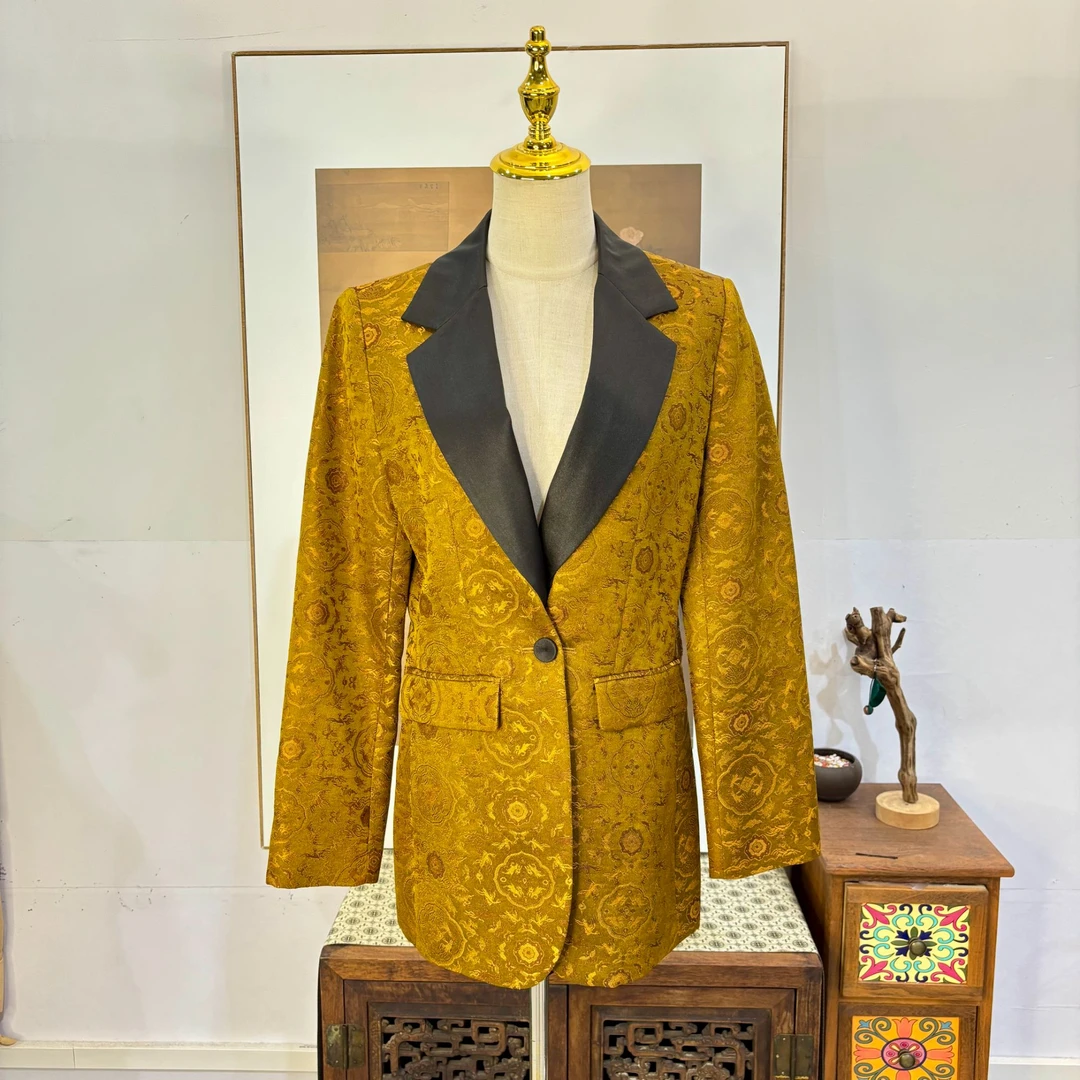 非遗香云纱满分桑蚕丝V领时尚奢侈风百搭女士金色长袖西装外套