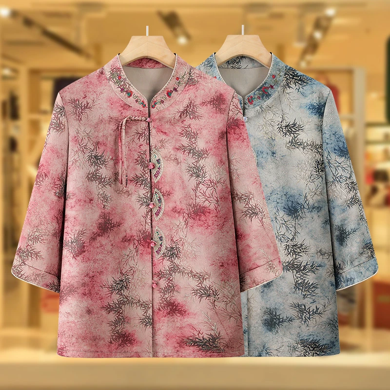 奶奶套装中式国风老人七分袖衬衫女老太太夏装薄款小衫老年人衣服