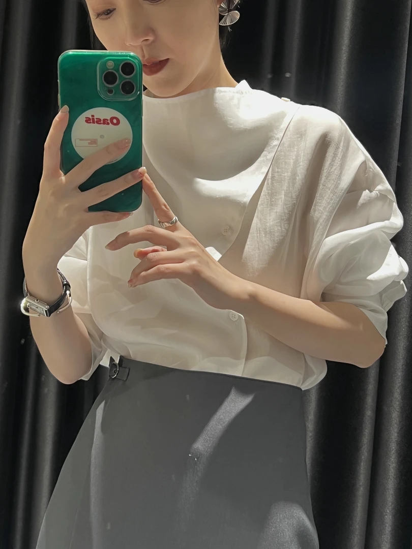 MADRCOUE 立领微透不规则开叉轻薄荡领衬衫605198