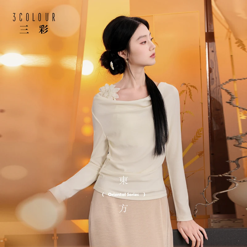 三彩【杏花微雨】2025秋季新款荡领T恤立体花朵长袖修身C