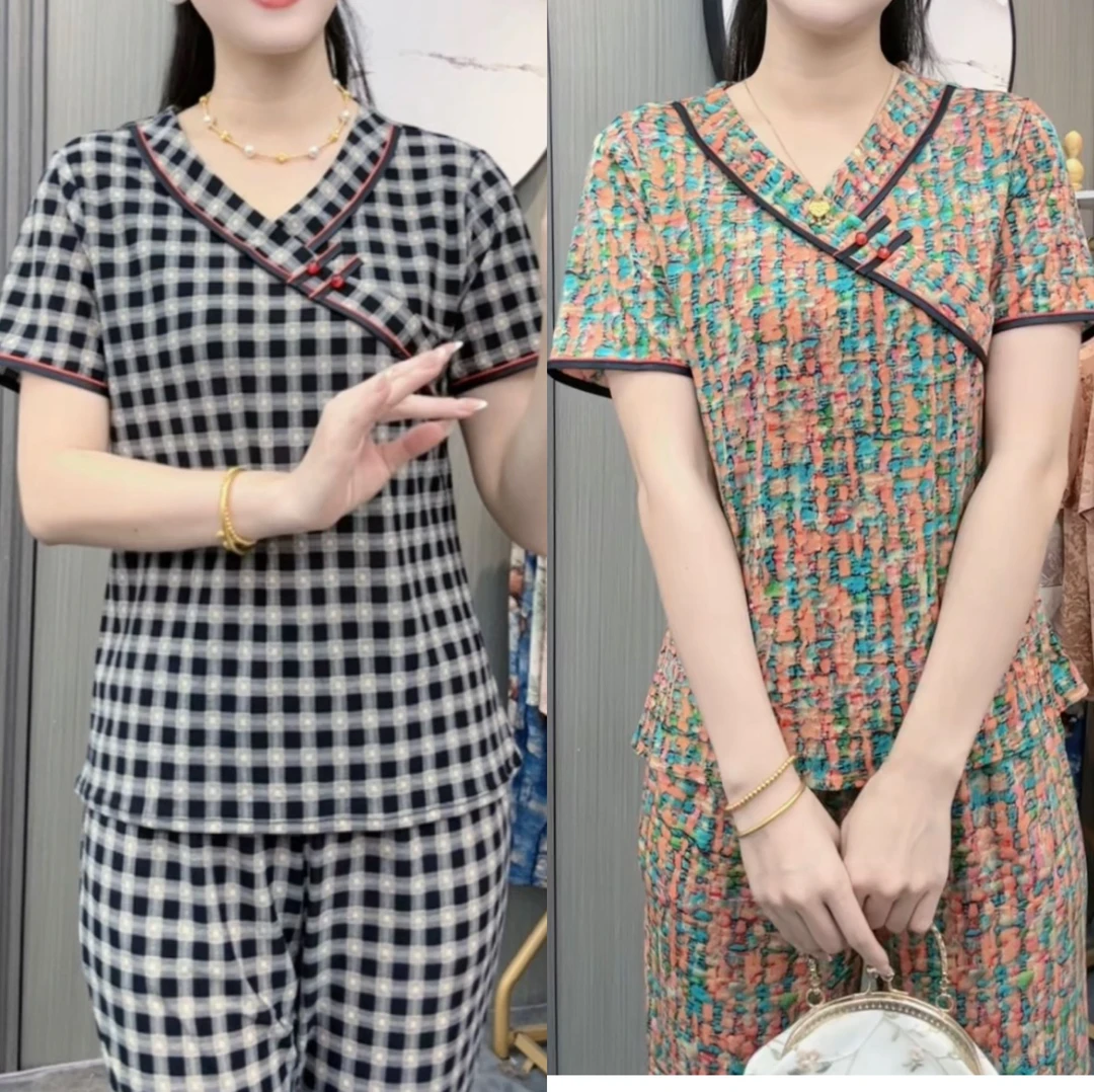 2025新款套装上衣+裤子妈妈装中老年女装夏装花色短袖薄款常规