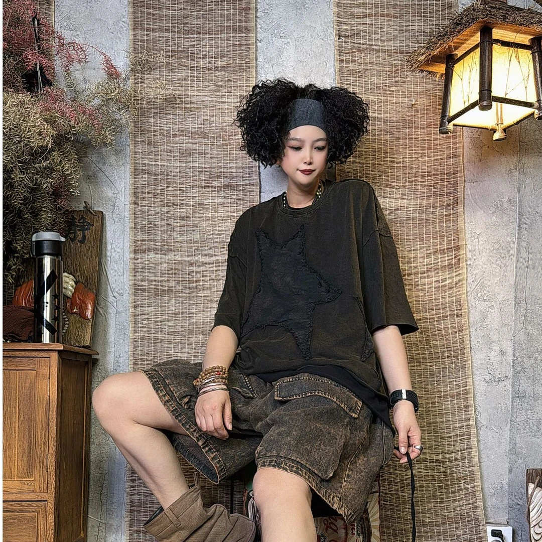 7882款夏季休闲时尚百搭炒色做旧五角星贴布T恤【衣长55胸围140】