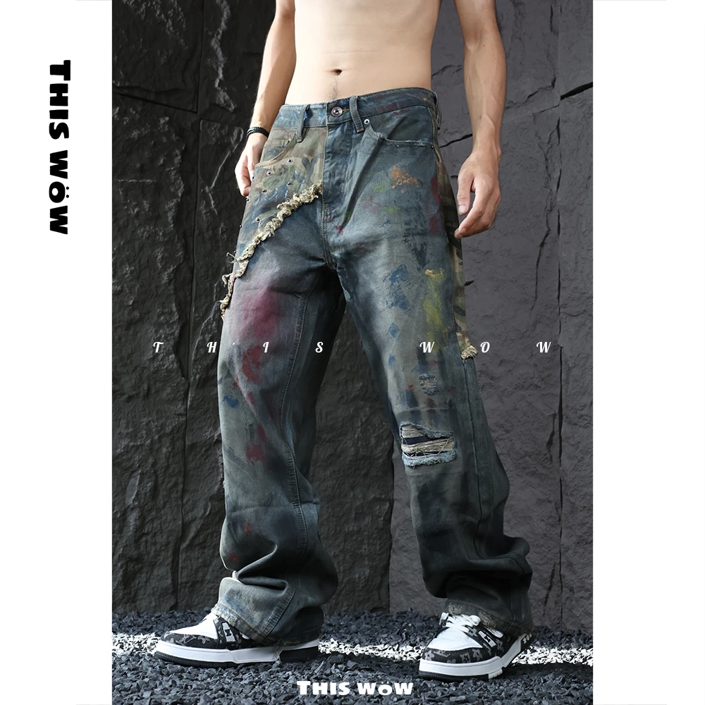 【阔腿裤】THISWOW水洗破洞做旧做脏恶搞涂鸦迷彩宽松牛仔裤31022