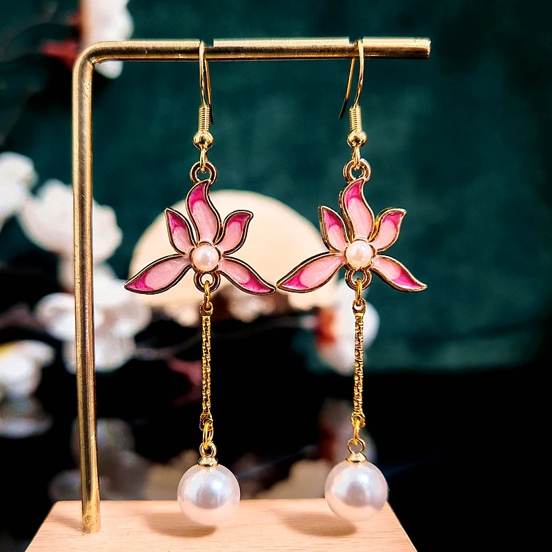 多吉米粉蕊垂珠复古新中式原创高级感耳环无耳洞耳夹耳饰配汉服