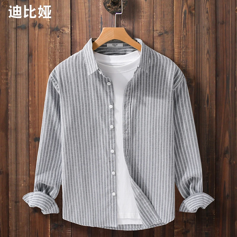 迪比娅日系条纹长袖衬衫男士秋季新款寸衫青年时尚休闲纯棉衬衣Y