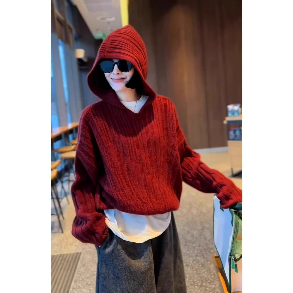 春季软糯慵懒风内搭毛衣设计感小众洋气别致独特红色连帽针织衫女