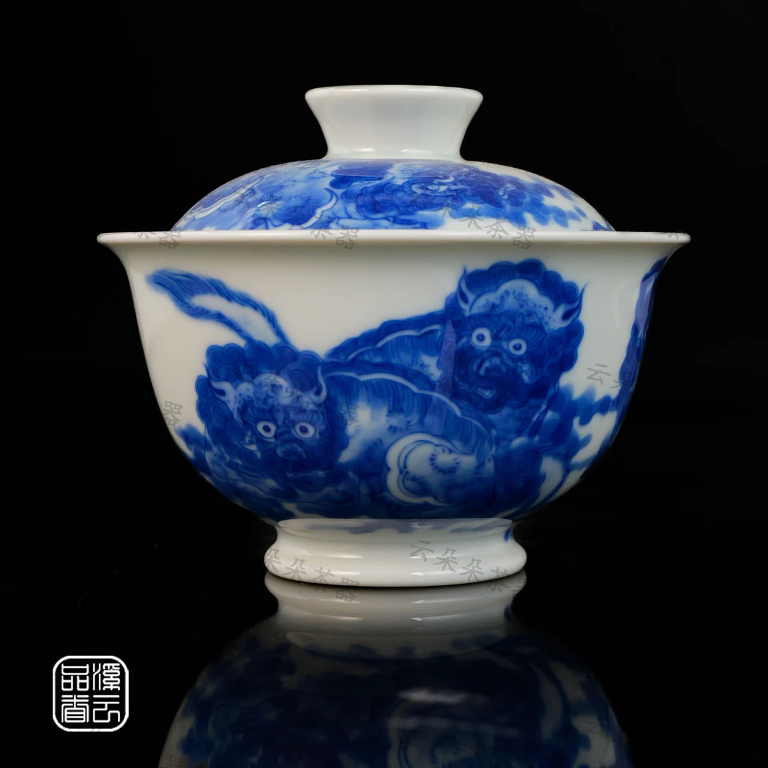 溪云品眷 景德镇柴窑手工手绘仿清青花狮子绣球两才盖碗盖杯