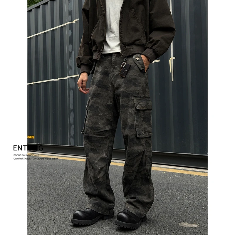 Entong美式解构褶皱迷彩牛仔裤男款多口袋宽松工装裤百搭直筒裤子