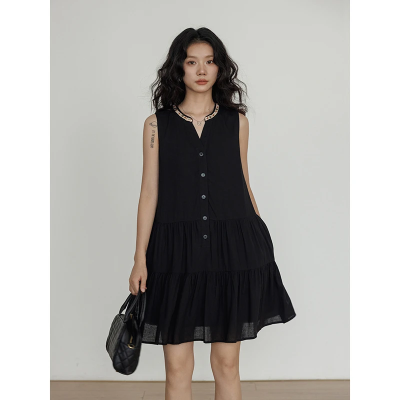 vastand维尚 设计感法式无袖亚麻连衣裙夏季裙子慵懒风出游服饰女