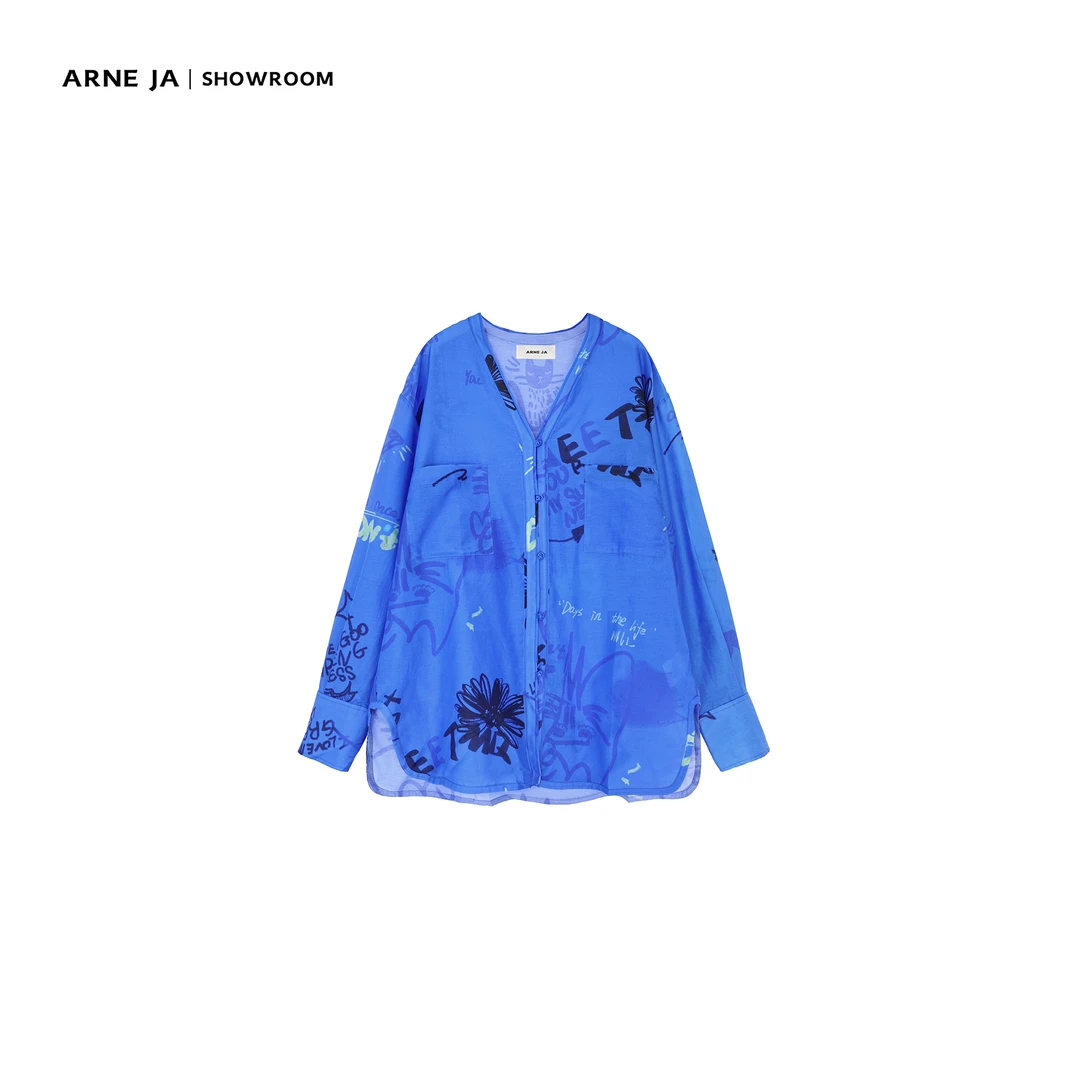 ARNE JA｜“新东方主义”轻奢闪电蓝盘扣别致提花桑蚕丝棉上衣