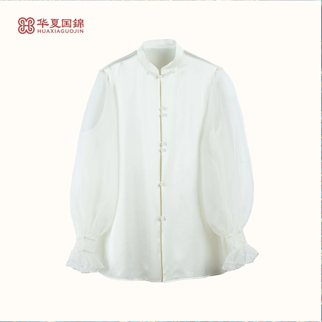 【四川工美蜀锦】新中式白色桑蚕丝拼接欧根缎衬衣    【雪云绡】