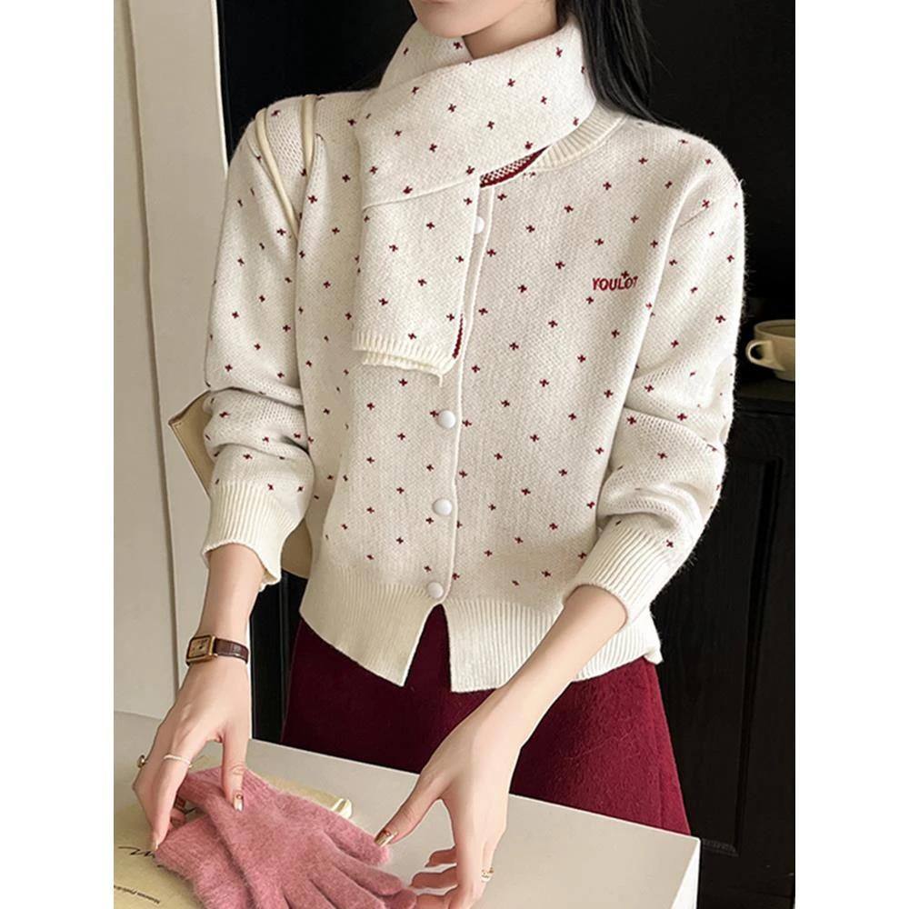 法芬图时尚撞色提花长袖针织衫毛衣女2025秋冬款气质显瘦开衫上衣