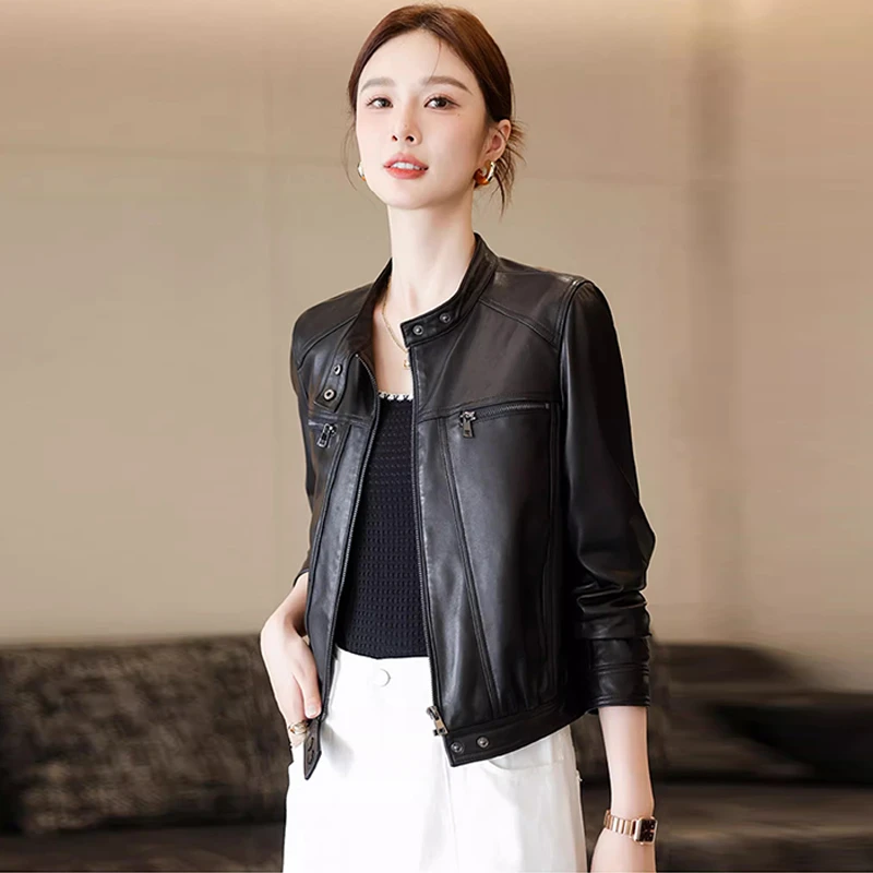 立领真皮皮衣女短款秋冬新款机车服时尚海宁头层绵羊皮夹克外套