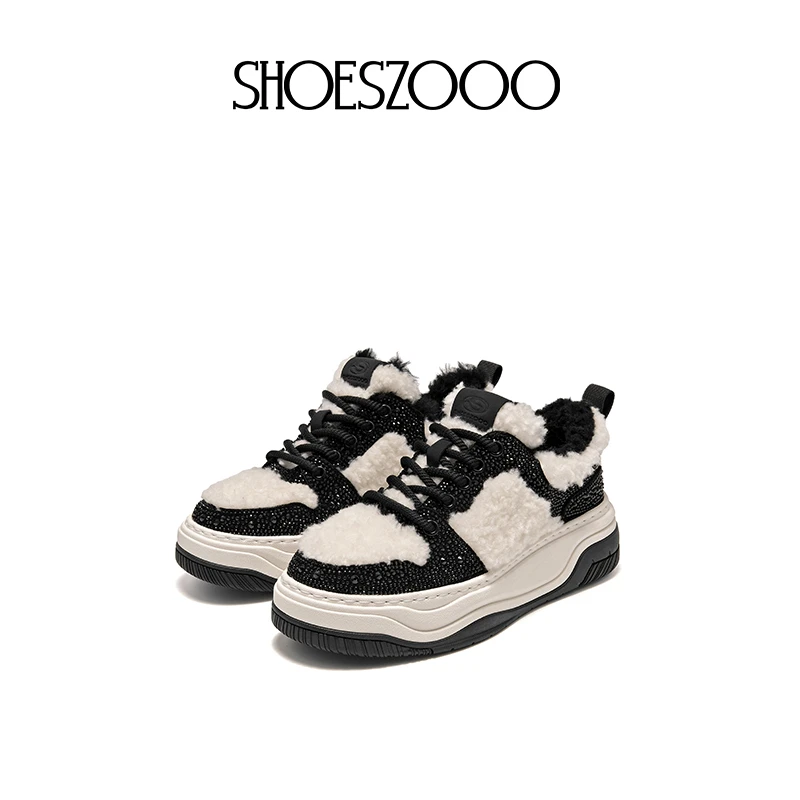 SHOESZOOO2025冬季新款毛毛加绒休闲鞋女黑白熊猫板鞋保暖棉鞋子