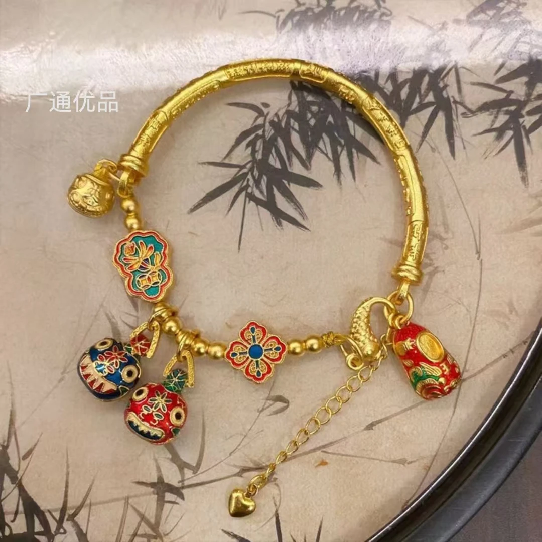 铜合金手镯 烧蓝五路财神半镯手链招财吞金兽女款轻奢复古手镯