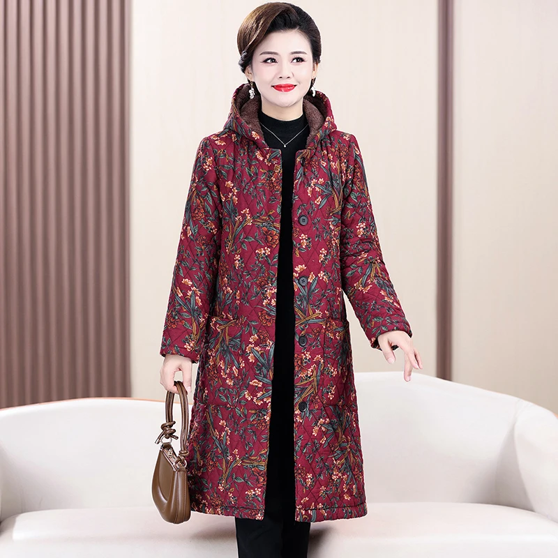 妈妈秋冬加绒加厚连帽棉衣民族风中长款棉服外套女老年人花色棉袄