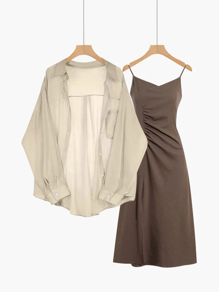 春季穿搭一整套女装新款时尚防晒衬衫搭配法式洋气吊带长裙两件套