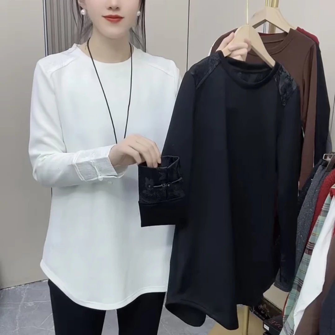 新款时尚气质休闲国风盘扣袖口拼接圆领长袖圆边大衫