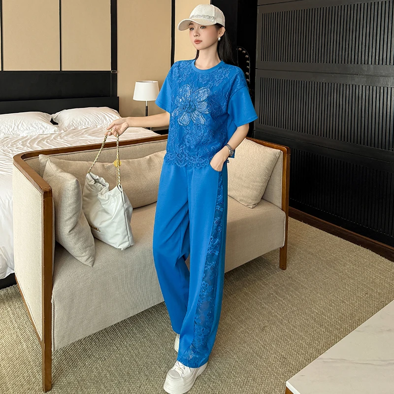 欧货慵懒风休闲运动短袖套装女夏新款气质洋气减龄阔腿裤两件套潮