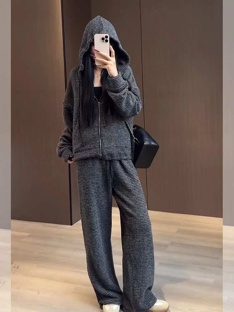 ins同款潮流穿搭！春秋时尚洋气条纹连帽卫衣阔腿裤女套装，宽松潮