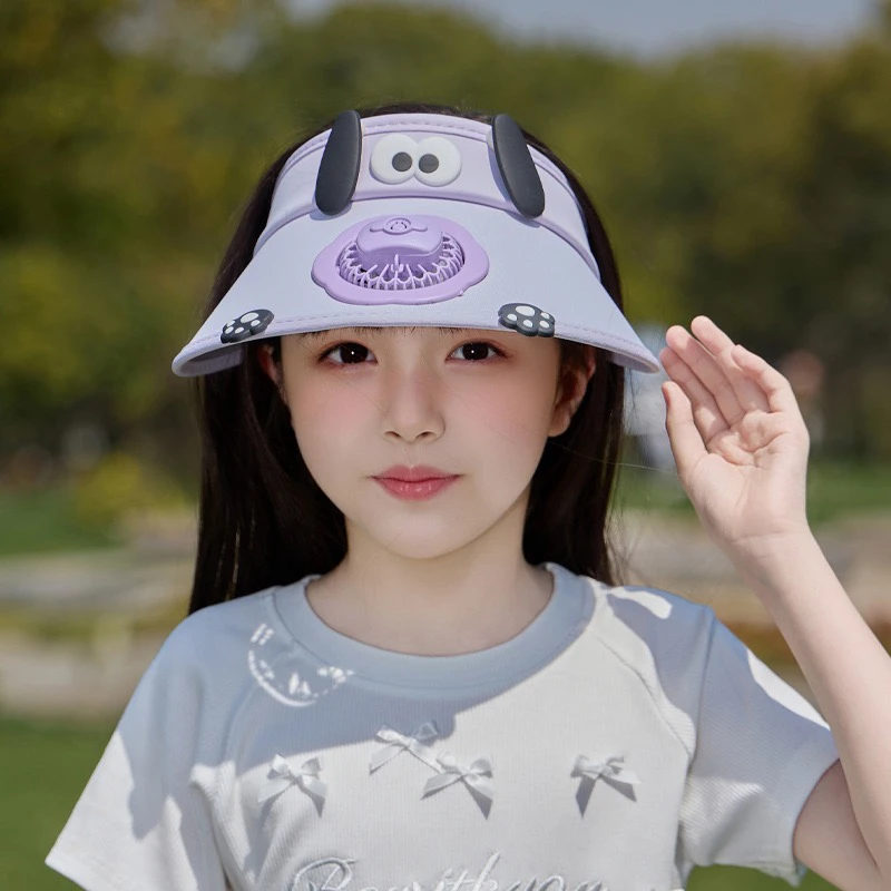 新款儿童风扇空顶帽卡通小狗遮脸渔夫帽大檐USB可充电防晒遮阳帽