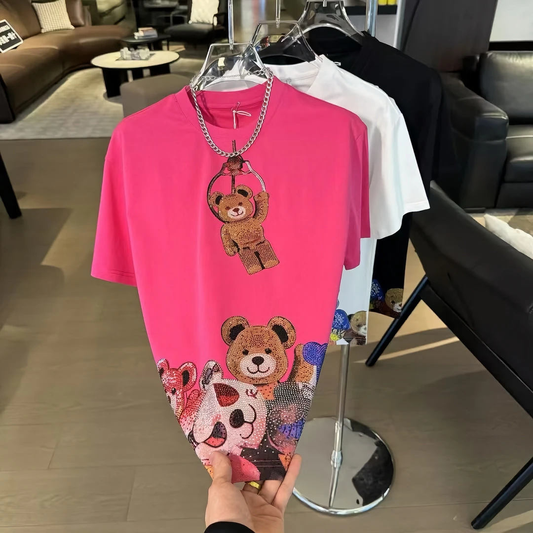 轻奢痞帅男装2025夏季新款重工烫钻小熊宽松短袖T恤男士时尚百搭