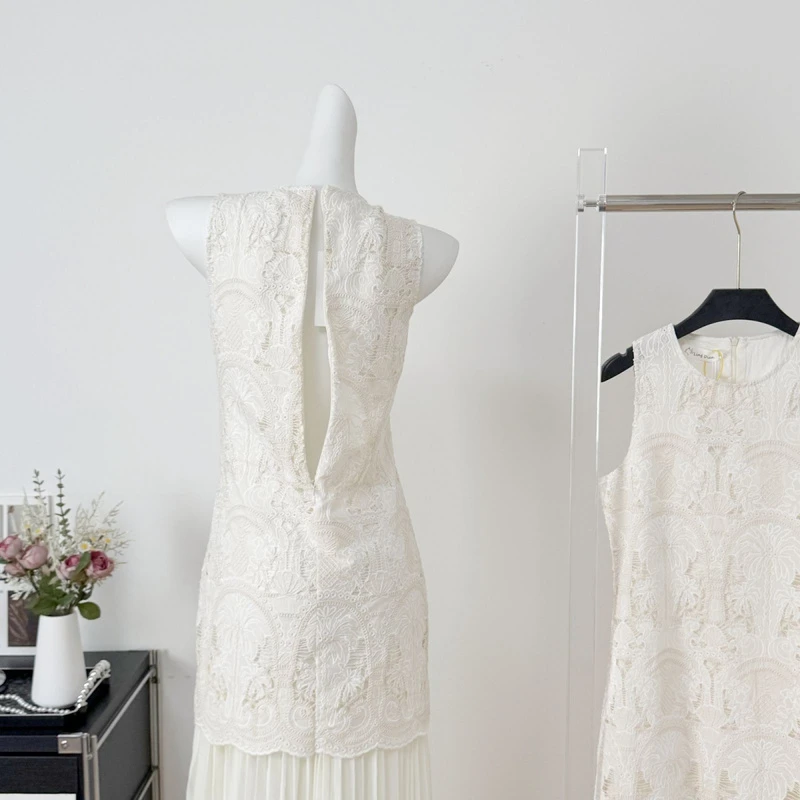 新款法式重工韩系品质假两件无袖背心连衣裙女夏高级设计气质长裙