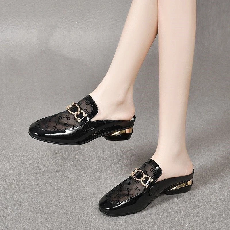 外贸百搭时尚包头半拖鞋女网纱半拖夏外穿粗跟凉拖鞋女m