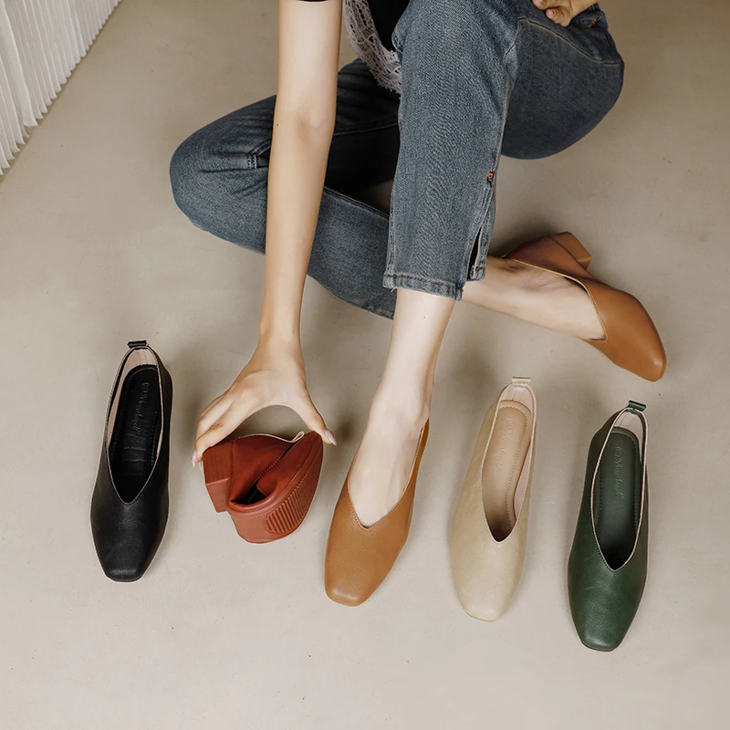 真皮V口新款小方头百搭单鞋女低跟鞋春夏浅口鞋 一脚蹬高跟粗跟鞋