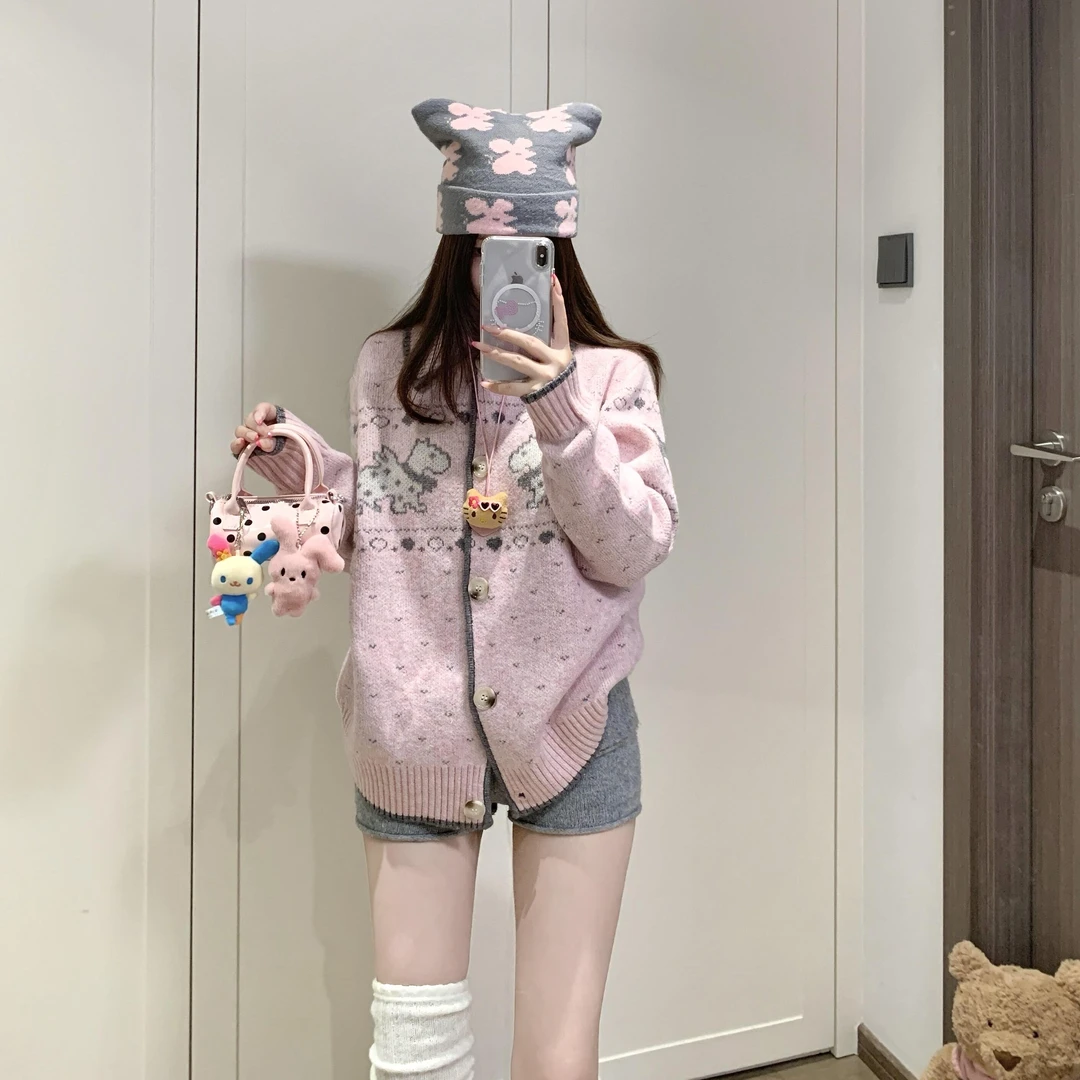 韩版软糯甜美提花长袖针织毛衣女2025秋冬宽松显瘦减龄开衫上衣潮