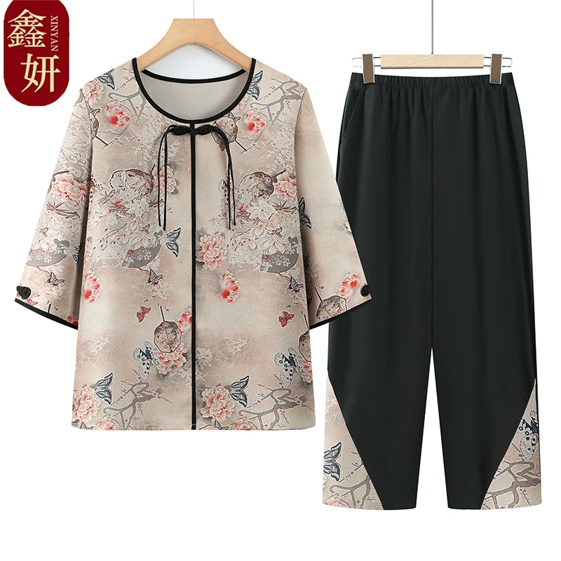 妈妈新款夏装七分袖新中式洋气宽松中老年女装衣服老太太奶奶套装