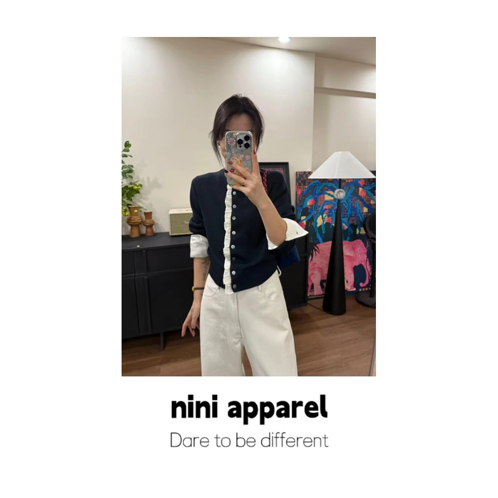 NiNi:秋拼接精致花边毛衣开衫～
