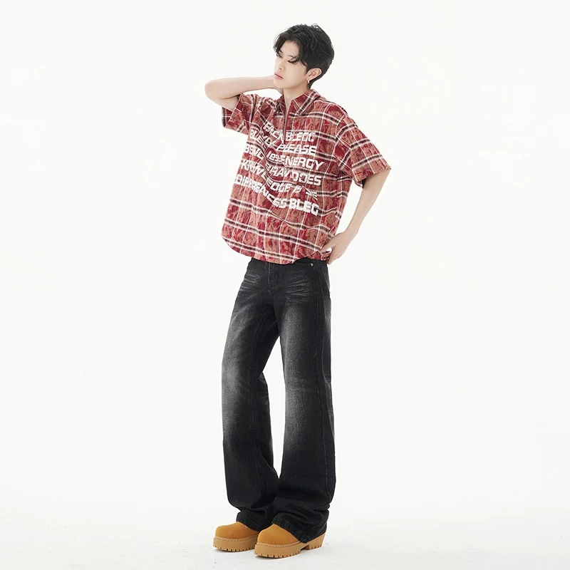 韩版设计感后口袋磨破直筒牛仔长裤男复古做旧水洗工艺时尚拖地裤